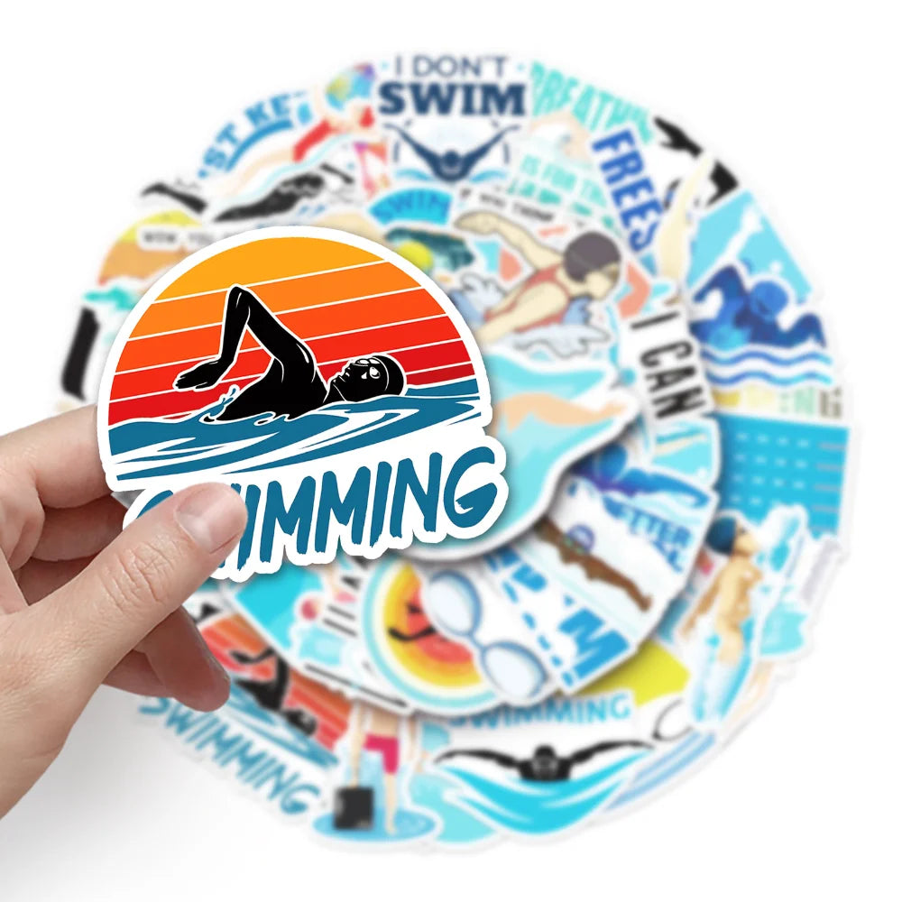 10/50pcs Outdoor Swimming Stickers Summer Seaside Surfing Waterproof Stickers DIY Skateboard Motorcycle Car Luggage Stickers (ONLINE ORDER ONLY)