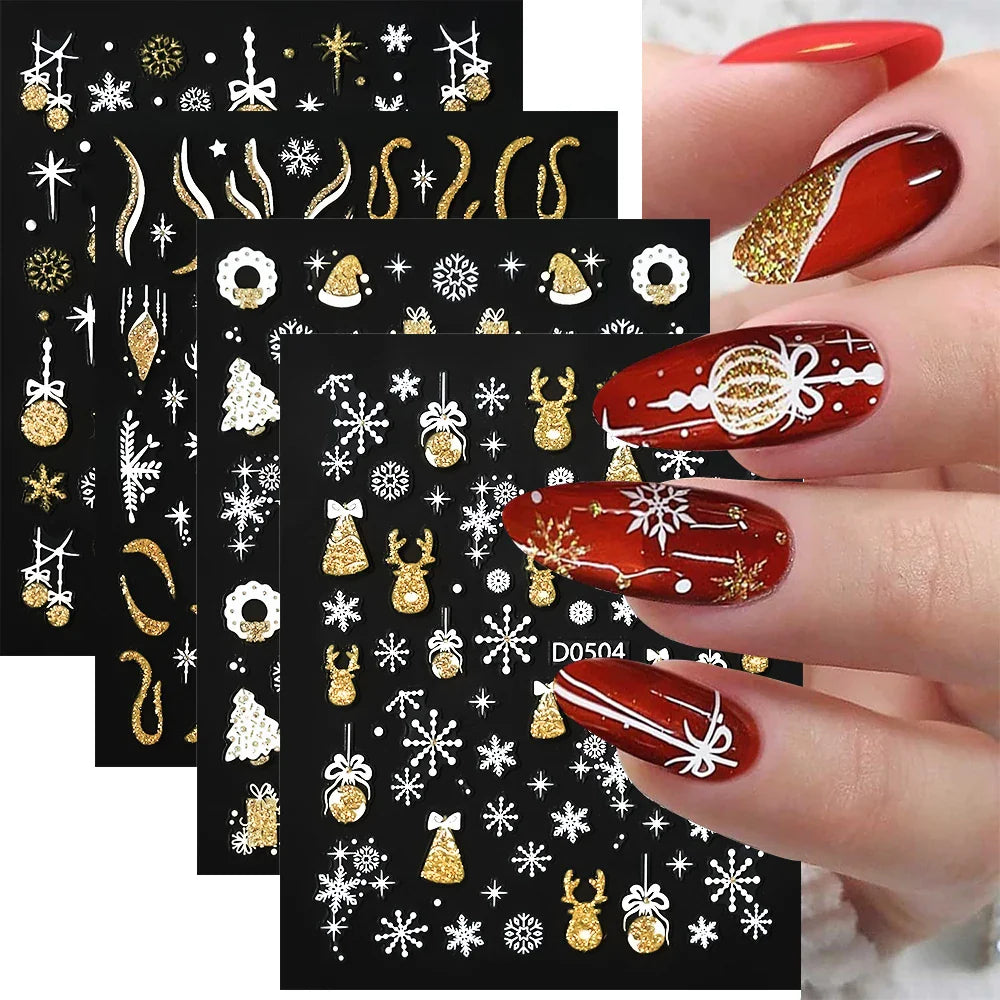 1pc Christmas Nail Sticker 3D Gold Glitter Snowflake Elk Penguin Bells Design Adhesive Nail Slider Decals Winter Manicure Decor* (Online Order Only)