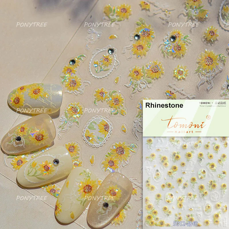White Daisy Sunflower Green Leaves Wreath Garland Flower Cluster Bouquet Flat Adhesive Nail Art Sticker Manicure Decals Supplies (Online Order Only)