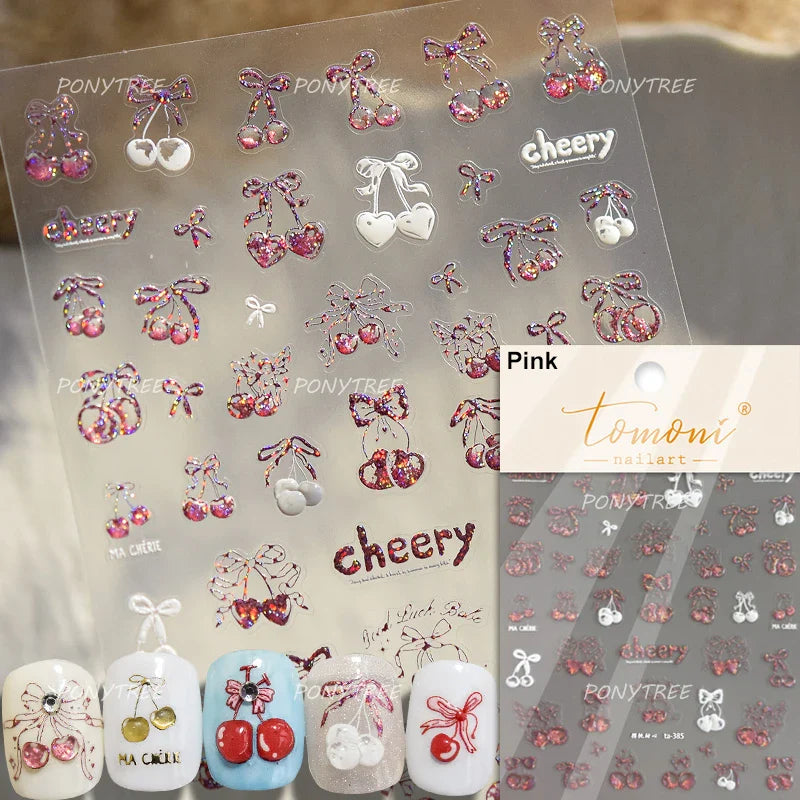 Lovely Pink Red Cherry Fruit Love Heart Star Lucky Letter Bowknot Romantic Adhesive Nail Art Stickers Rhinestone Manicure Decals (Online Order Only)