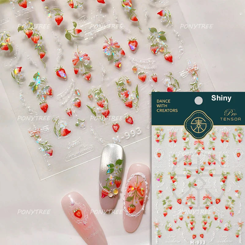Cute Pink Tempting Strawberries Attractive Fruit Cutting Line Bowknot Star Silver Stamping Chic Nail Art Stickers Manicure Decal (ONLINE ORDER ONLY)