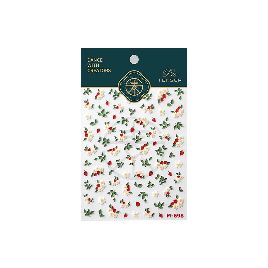 Delicate Chic White Flower Jelly Green Leaves Red Fruits Lily Gardenia Self Adhesive Nail Art Stickers Rhinestone Manicure Decal (Online Order Only)