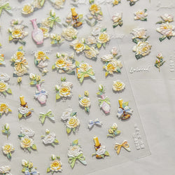 Oil Painting Style Rose Camellia Flower Vase Romantic Candle Holder Bowknot Embossed Adhesive Nail Art Stickers Manicure Decals (ONLINE ORDER ONLY)