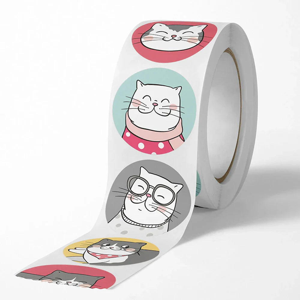 100-500pcs Cartoon Cat Stickers Round Adhesive Labels For Student Teacher Prize Business Gift Wraps Decorative Stickers (ONLINE ORDER ONLY)