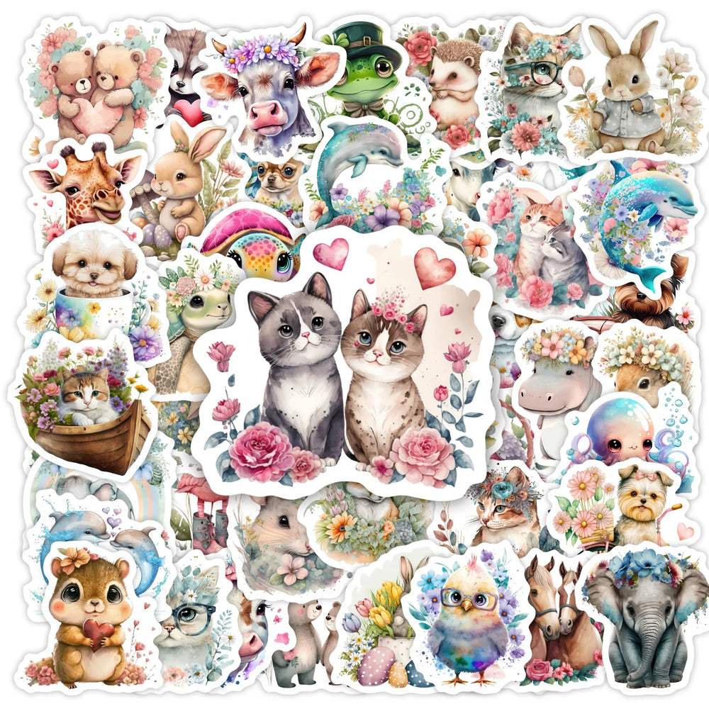 Kawaii Watercolor Aesthetic Stickers Animal Cute DIY Toy Gift Graffiti Decal for Phone Luggage Laptop Scrapbook Waterproof (ONLINE ORDER ONLY)