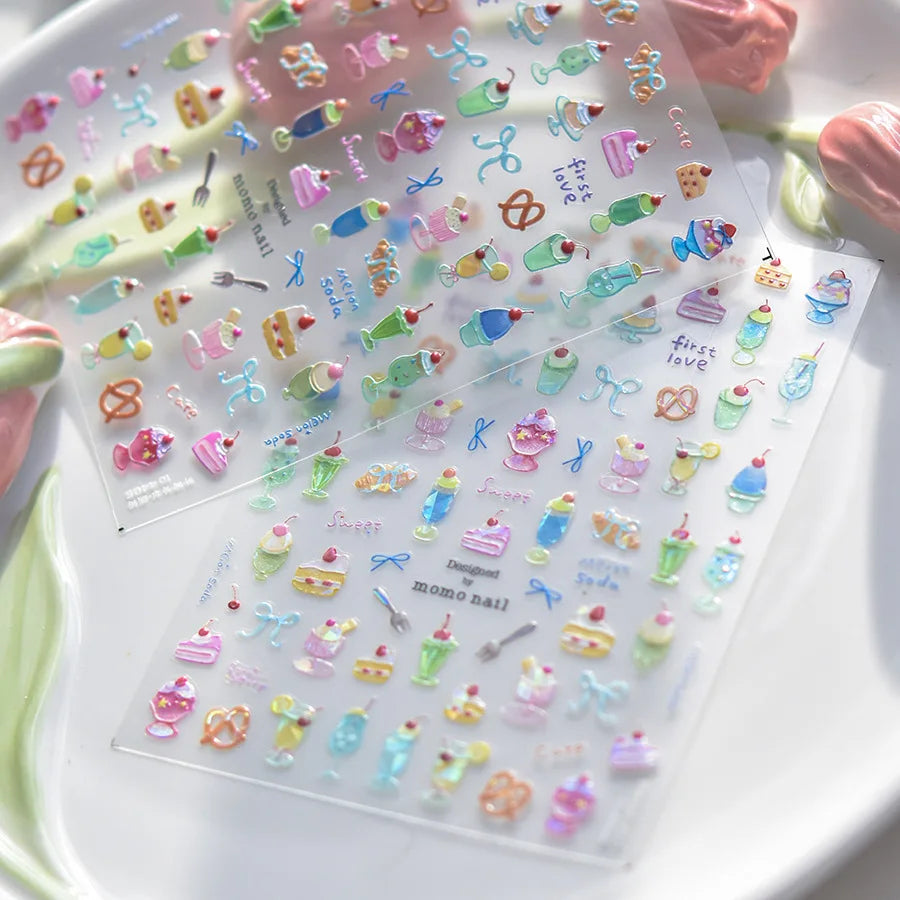 Colorful Food Pudding Alkali Water Bowknot Cream Fork Cup Bread Jelly Fruit Cartoon Cake Relief Nail Art Sticker Manicure Decals (ONLINE ORDER ONLY)