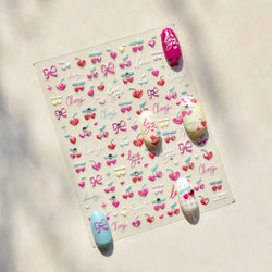 Lovely Pink Red Cherry Fruit Love Heart Star Lucky Letter Bowknot Romantic Adhesive Nail Art Stickers Rhinestone Manicure Decals (Online Order Only)