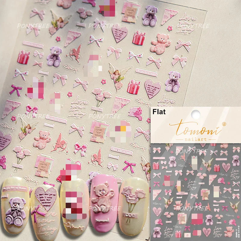 Cute Pet Creamy Rabbit Bear Dog Ribbon Bowknot Lamb Red Painted Heartbeat Flowers Adhesive Nail Art Stickers 3D Manicure Decals (Online Order Only)