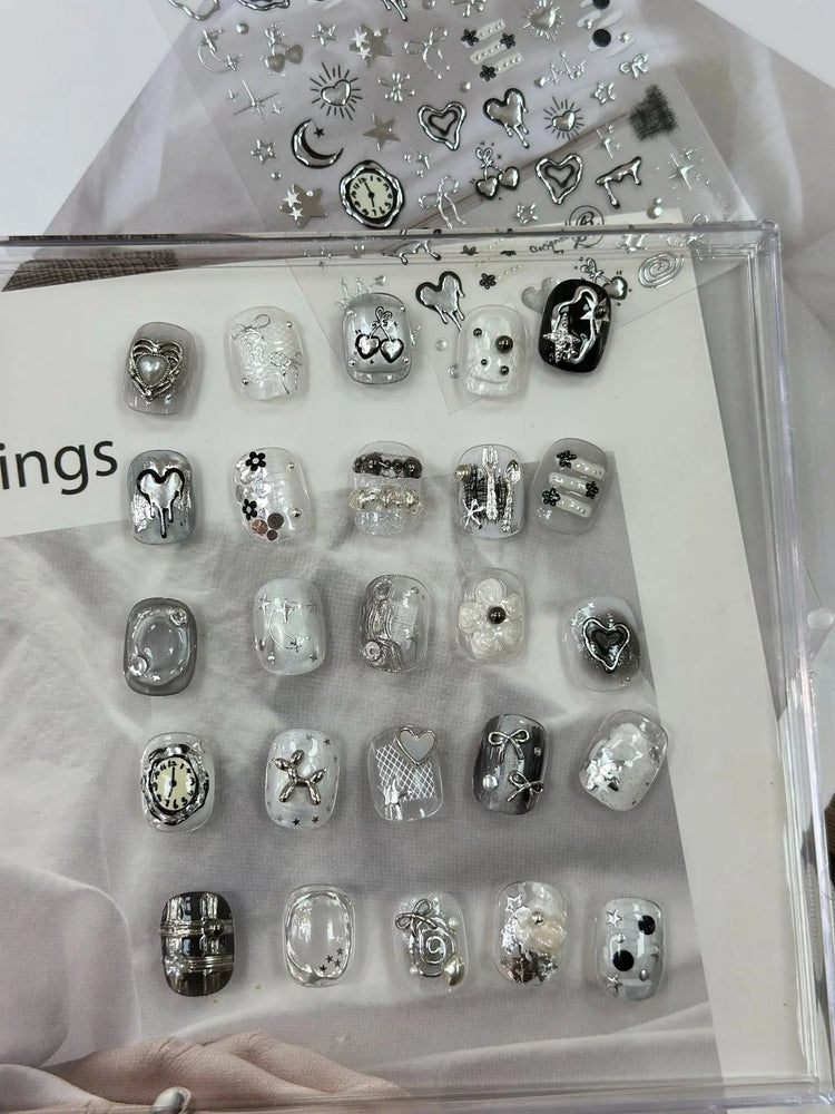 Silver Star Moon Clock Watch Cherry Love Heart Bowknot Gird Irregular Lines Dot Liquid Lava Nail Art Stickers Manicure Decals (ONLINE ORDER ONLY)