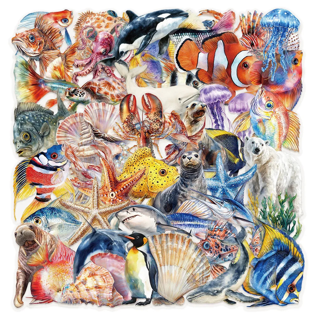 Marine Life Cartoon Stickers - Transparent, DIY, Phone, Laptop, Luggage, Skateboard, Graffiti Decals, Gift (10/30/50PCS) (Online Order Only)