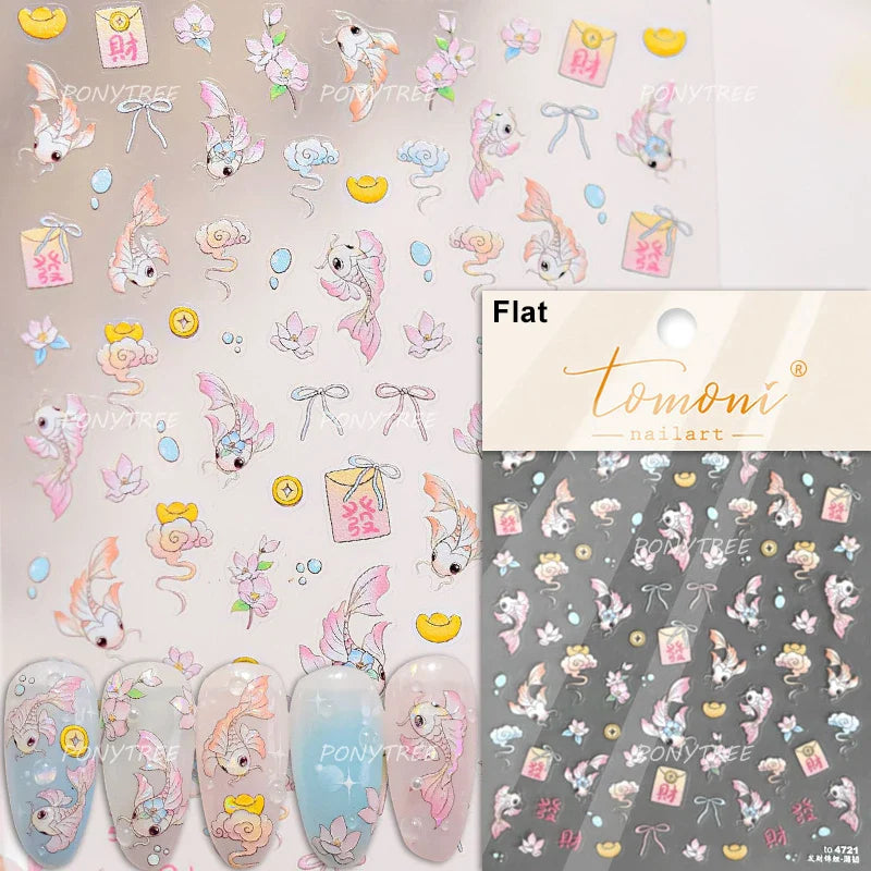 2025 God of Wealth Goldfish Koi Fish Lucky Cat Yuanbao Red Element Adhesive Nail Art Stickers Festival Atmosphere Manicure Decal (Online Order Only)