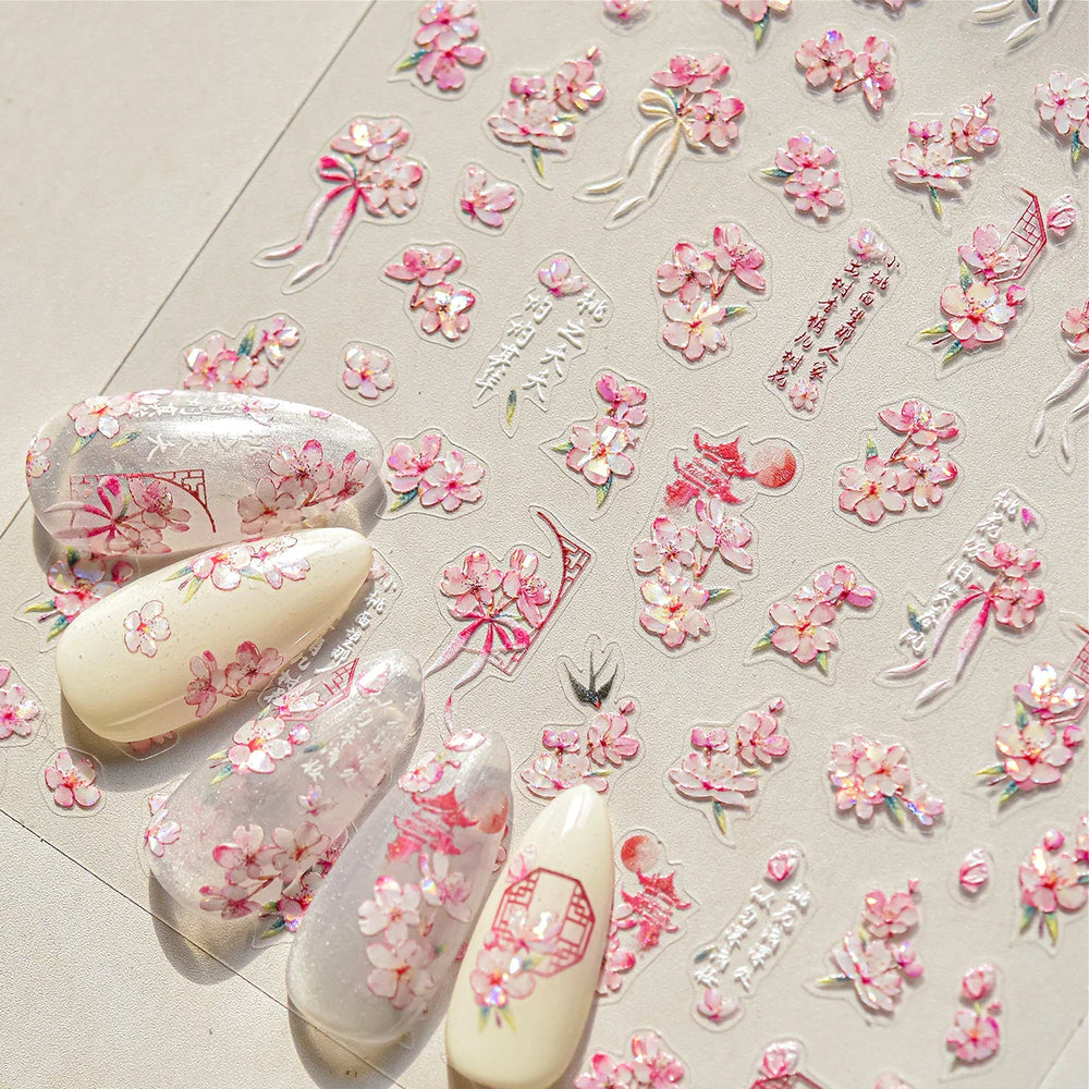 Pink Peach Blossom Flower White Pear Romantic Archaistic Swallow Window Adhesive Nail Art Stickers Rhinestone Manicure Decals (ONLINE ORDER ONLY)