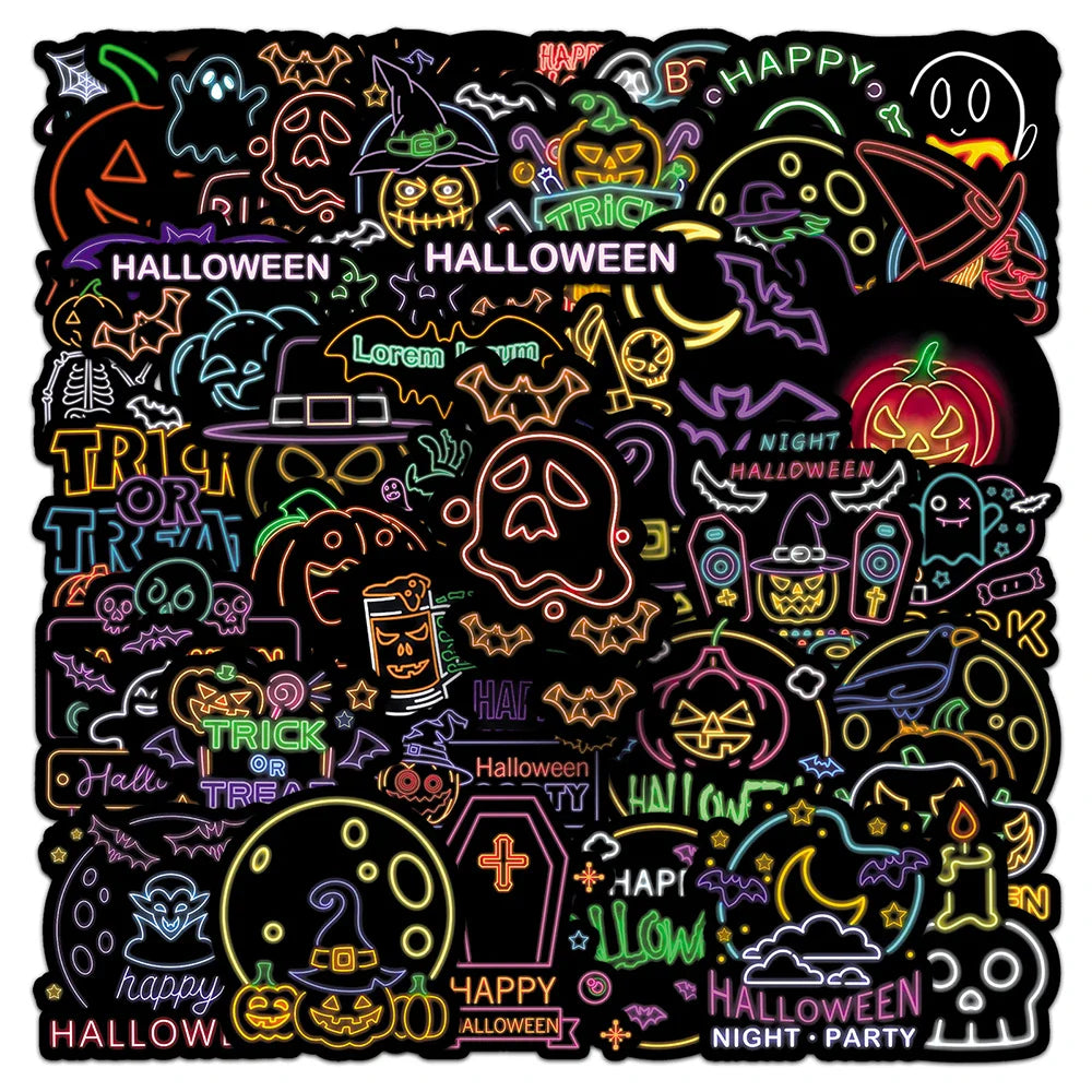 Halloween Neon Stickers: 10/30/50pcs Waterproof Cartoon Decals for Laptop, Phone, Fridge, Luggage (ONLINE ORDER ONLY)