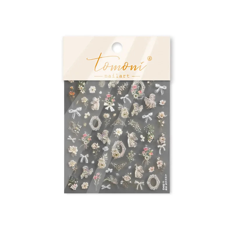 European Garden Angel Wing White Rose Flower Bed Vase Lace Bowknot Statue Adhesive Nail Art Decoration Sticker Manicure Decals (ONLINE ORDER ONLY)