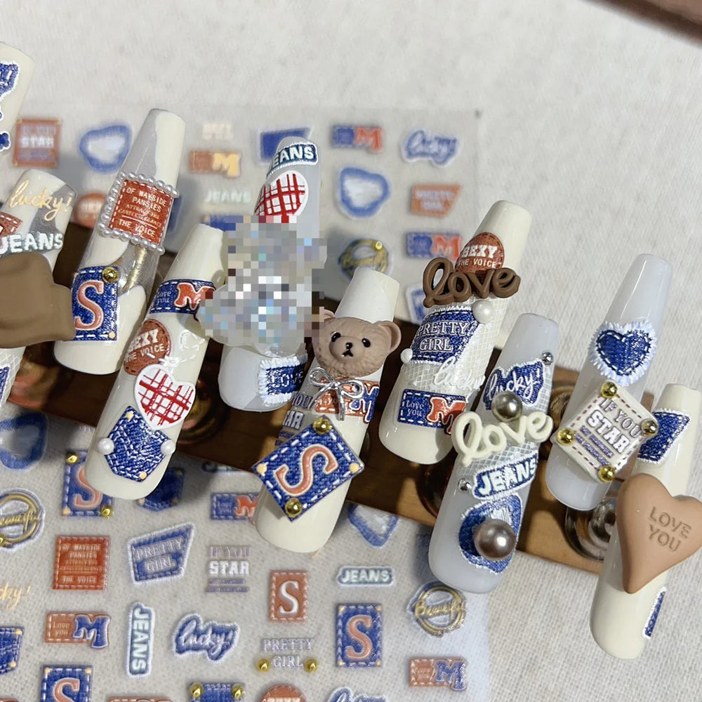 Round Jeans Square Sexy Blue Series Cowboy Lucky Beautiful Letter Self Adhesive Nail Art Sticker Pearl Rhinestone Manicure Decal (ONLINE ORDER ONLY)
