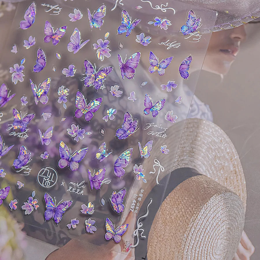 Delicate Tender Purple Butterfly Seal Pattern Insect Shiny Golden Stroke Nail Art Decoration Sticker Dressy Laser Manicure Decal (ONLINE ORDER ONLY)
