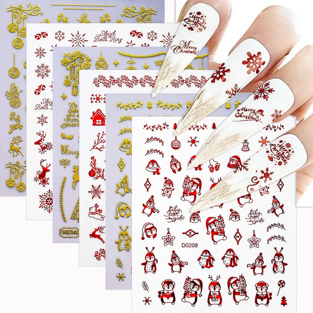 12pcs Cute Christmas Nail Decals Santa Claus Elk Penguin Snowman Cartoon Nail Stickers 3D Self-adhesive Sliders Manicure Decor * (Online Order Only)