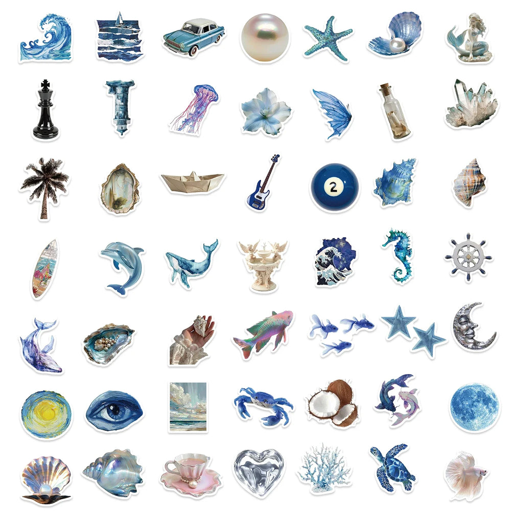 50pcs Silver Blue Sea Ins Sticker Waterproof Graffiti Cartoon Stickers For Luggage Laptop Guitar Phone Skateboard Vinyl Decals (Online Order Only)