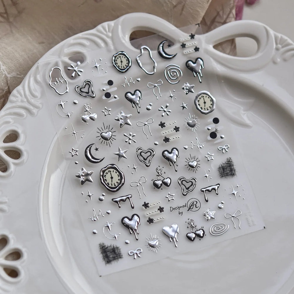 Silver Star Moon Clock Watch Cherry Love Heart Bowknot Gird Irregular Lines Dot Liquid Lava Nail Art Stickers Manicure Decals (ONLINE ORDER ONLY)