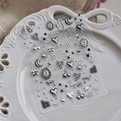Silver Star Moon Clock Watch Cherry Love Heart Bowknot Gird Irregular Lines Dot Liquid Lava Nail Art Stickers Manicure Decals (ONLINE ORDER ONLY)