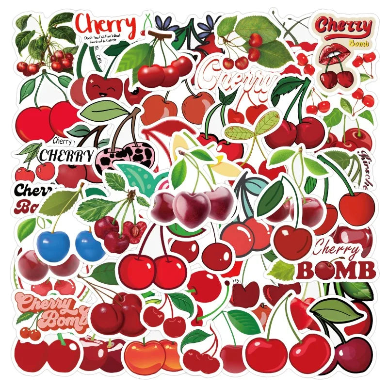 60pcs Cherry Fruit Stickers for Laptop, Phone, Water Bottle, Suitcase, Scooter, Refrigerator, Stationery (Online Order Only)