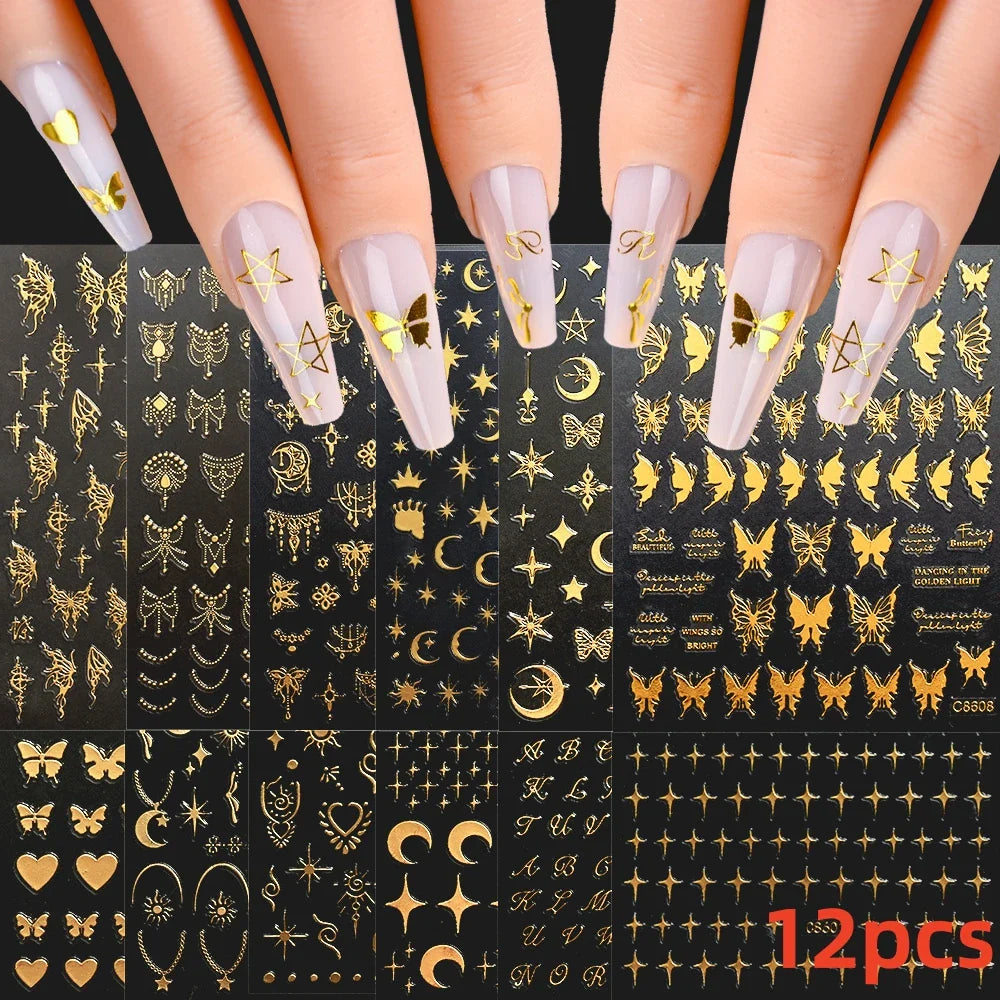 12pcs 3D Golden Glitter Heart Love Nail Stickers Valentine Self Adhesive Cute Cartoon Decal Geometry Slider Manicure Decoration* (ONLINE ORDER ONLY)