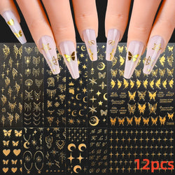 12pcs 3D Golden Glitter Heart Love Nail Stickers Valentine Self Adhesive Cute Cartoon Decal Geometry Slider Manicure Decoration* (ONLINE ORDER ONLY)