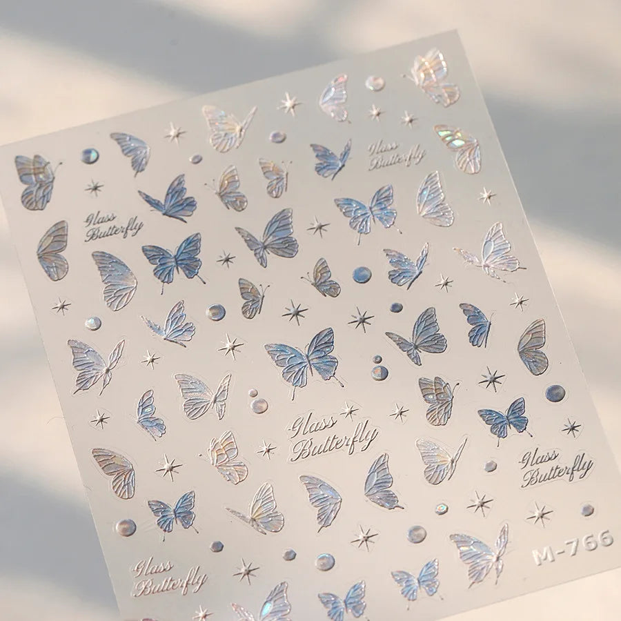 Green Blue Glass Butterfly Lily Flowers Star Line Water Droplet Charming Shiny Self Adhesive Nail Art Stickers Manicure Decals (ONLINE ORDER ONLY)