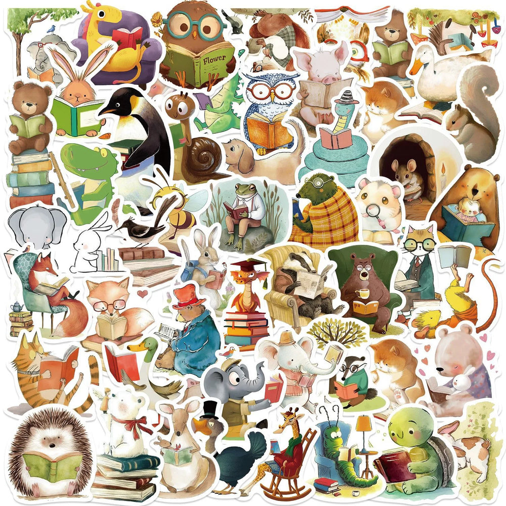 10/50/100pcs Cute Funny Animal Reading Books Graffiti Stickers Kindle Aesthetic DIY Scrapbook Luggage Laptop Phone Sticker Toy (Online Order Only)