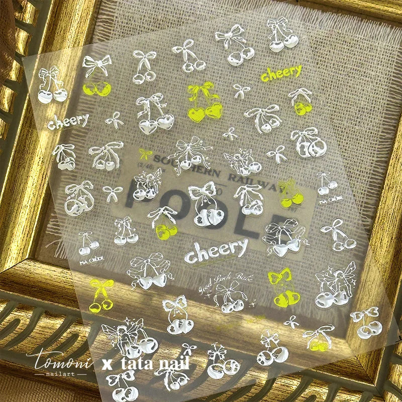 Colourful Cherry Abundant Fruits Bowknot Shiny White Line Outline Self Adhesive Nail Art Stickers Chic Rhinestone Manicure Decal (ONLINE ORDER ONLY)