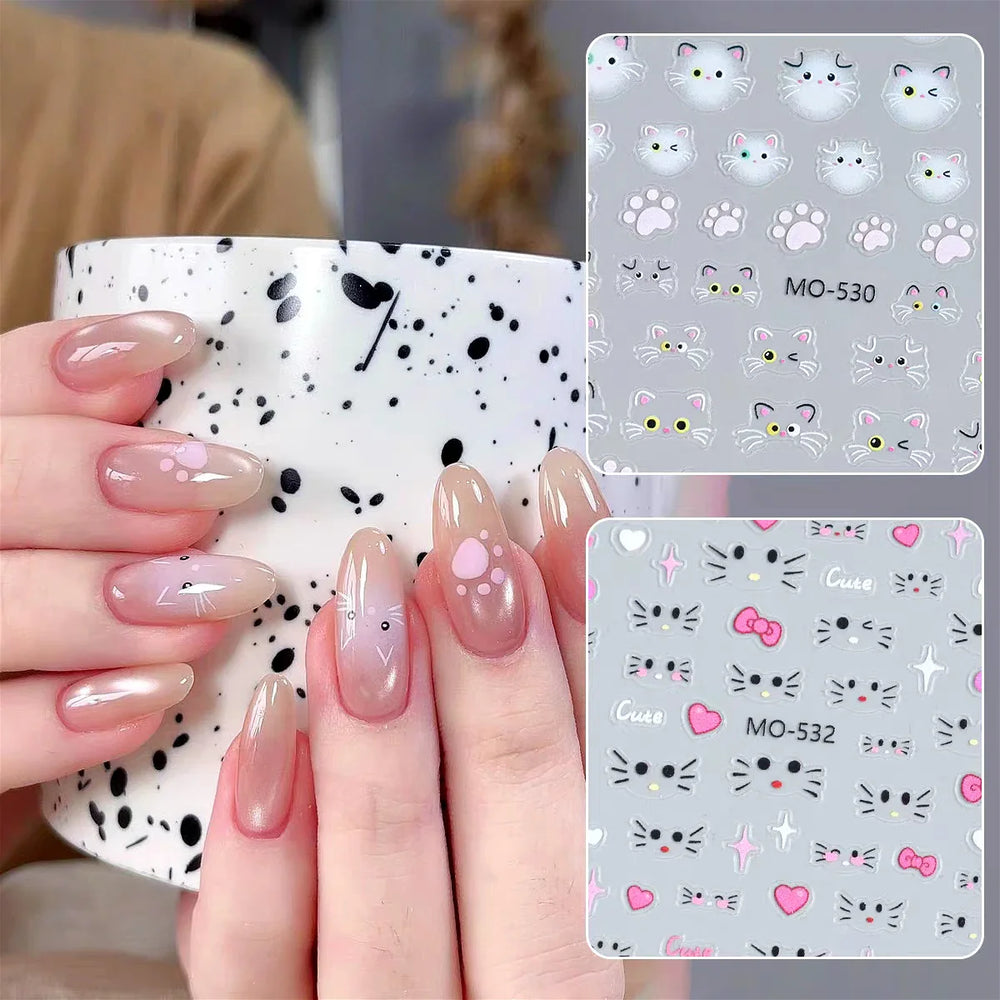 Lovely Cartoon Halo Dyeing Cat Bowkbot Paw Kitten Star Love Charming Self Adhesive Nail Art Sticker Cute Animals Manicure Decal (ONLINE ORDER ONLY)