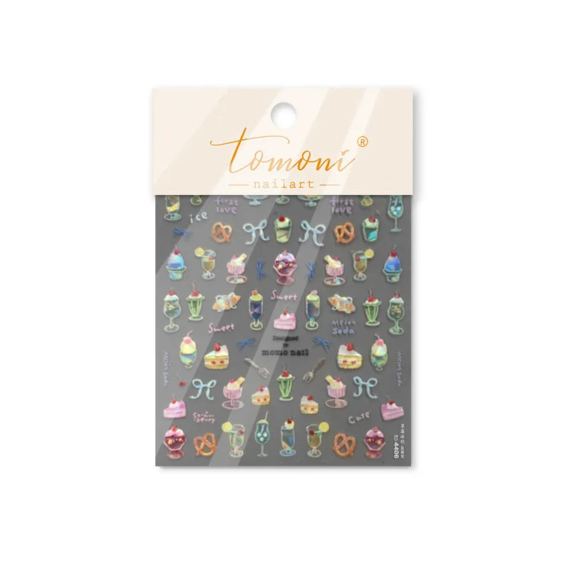 Colorful Food Pudding Alkali Water Bowknot Cream Fork Cup Bread Jelly Fruit Cartoon Cake Relief Nail Art Sticker Manicure Decals (ONLINE ORDER ONLY)