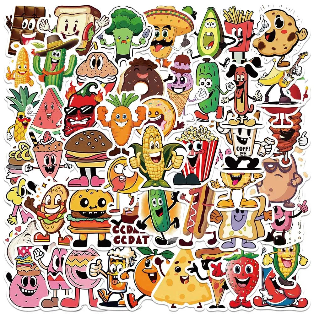 50pcs Funny Cute Cartoon Foods Stickers Decals For Laptop Water Bottle Luggage Notebook Phone Vinyl Waterproof Graffiti (ONLINE ORDER ONLY)