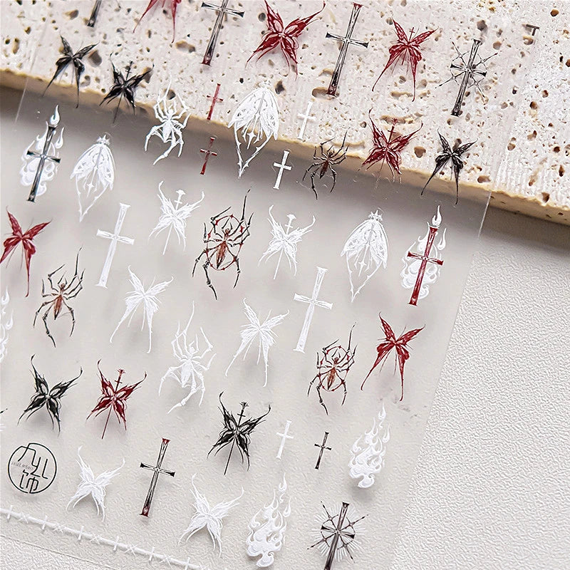 Gothic Dark Spider Butterfly Cross Flame Wings Halloween Horror Rose Flower Rabbit Pumpkin Bear Nail Art Stickers Manicure Decal (ONLINE ORDER ONLY)