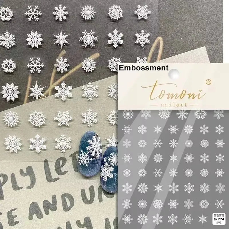 Hot Stamping Romantic White Gold Snowflakes Hexagon Winter 3D Self Adhesive Nail Art Stickers Shiny Rhinestone Manicure Decals (Online Order Only)