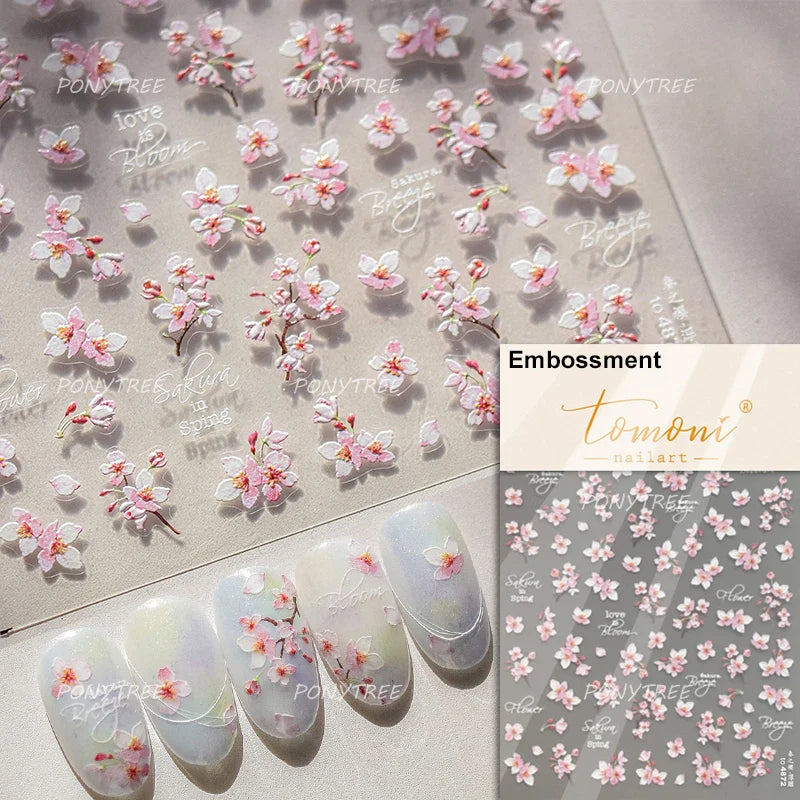 Spring Living Peach Blossom Flower Branch Petal Antique Soft Relief Adhesive Chinese Characters Nail Art Sticker Manicure Decals (ONLINE ORDER ONLY)