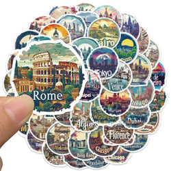 50pcs Aesthetic Cartoon Travel City Landmark Sticker For Laptop Water Bottle Luggage Notebook Waterproof Vinyl Car Decals (ONLINE ORDER ONLY)