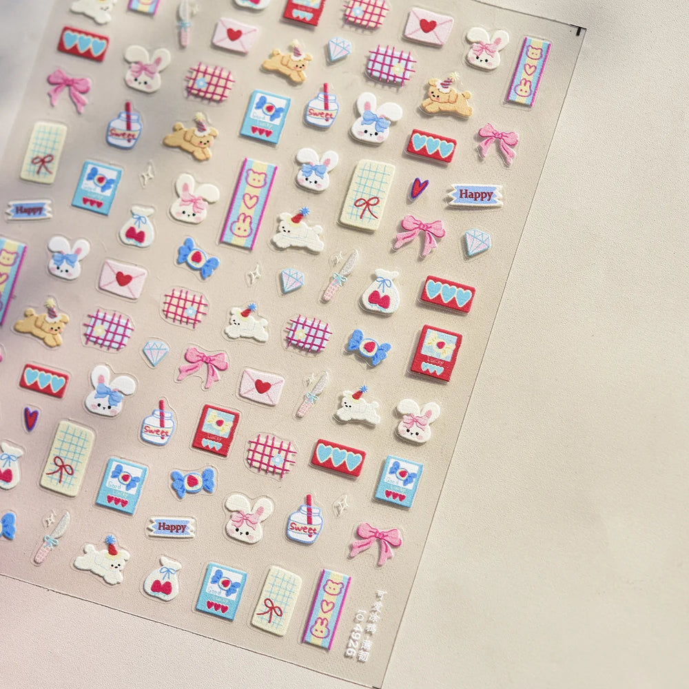Graffiti Rabbit Dog Bunny Milk Strawberry Jewel Candy Knife Envelope Soft Relief Adhesive Nail Art Stickers Cute Manicure Decals (Online Order Only)