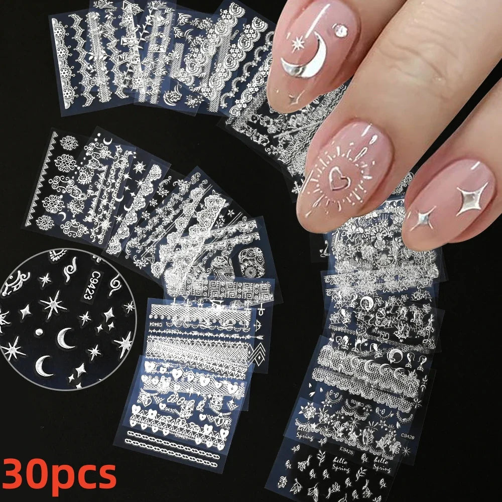 30Sheet 3D Glitter Christmas Nail Art Stickers Santa Claus Snowflake Elk Christmas Tree Design Nail Decals Cartoon Nail Supplies (Online Order Only)