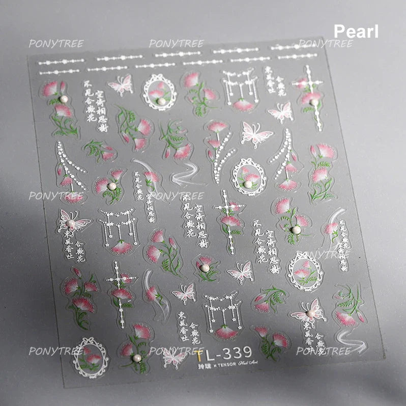 Pink Purple Orchid Hibiscus Rosa-sinensis Flower Butterfly Antique Lattice Window Adhesive Nail Art Stickers  Manicure Decals (Online Order Only)
