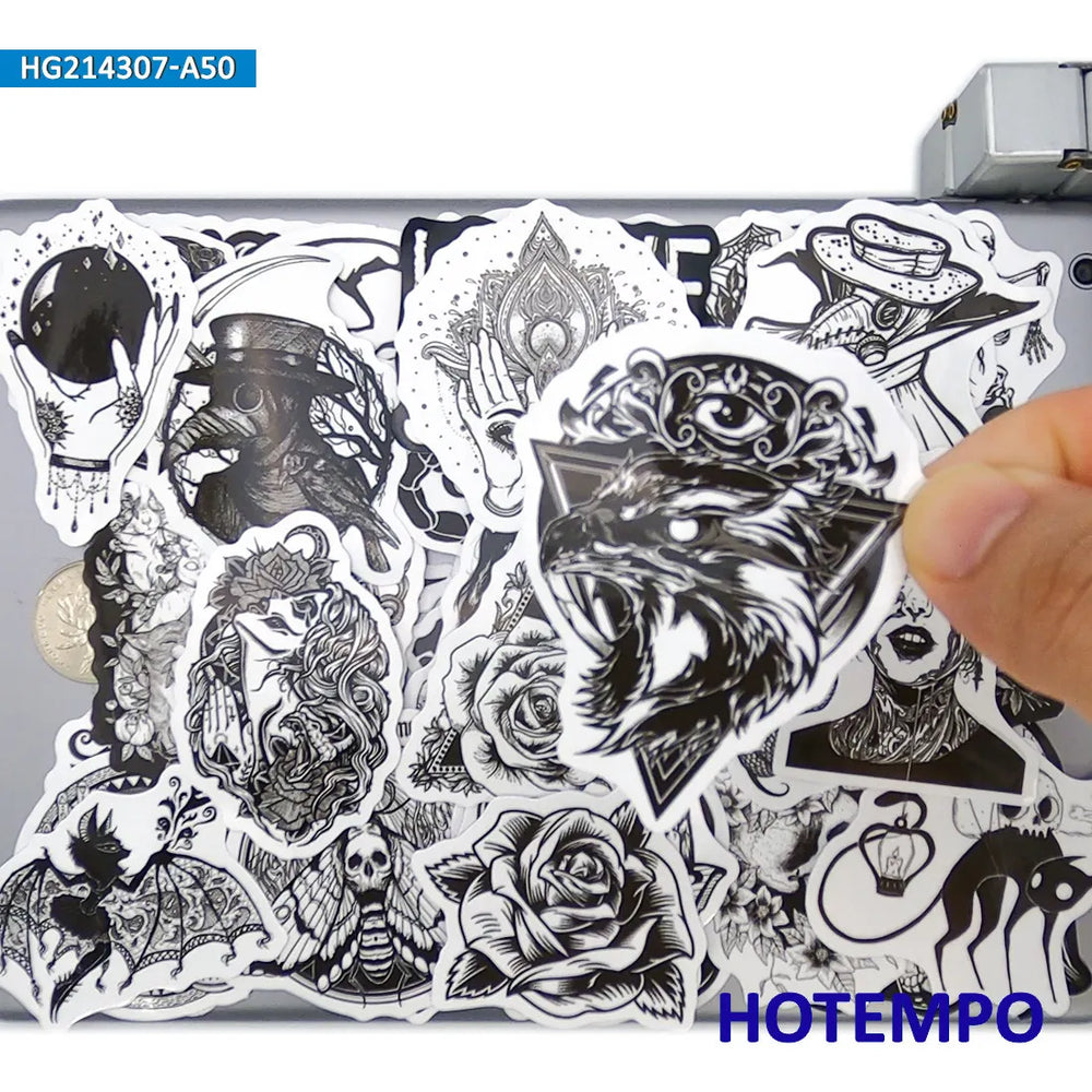 20/30/50Pieces, Gothic Stickers, Witch Skull Demon Monster, Black White Retro Art, for DIY Creative Decoration, Funny Sticker (Online Order Only)