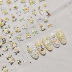 Oil Painting Style Rose Camellia Flower Vase Romantic Candle Holder Bowknot Embossed Adhesive Nail Art Stickers Manicure Decals (ONLINE ORDER ONLY)