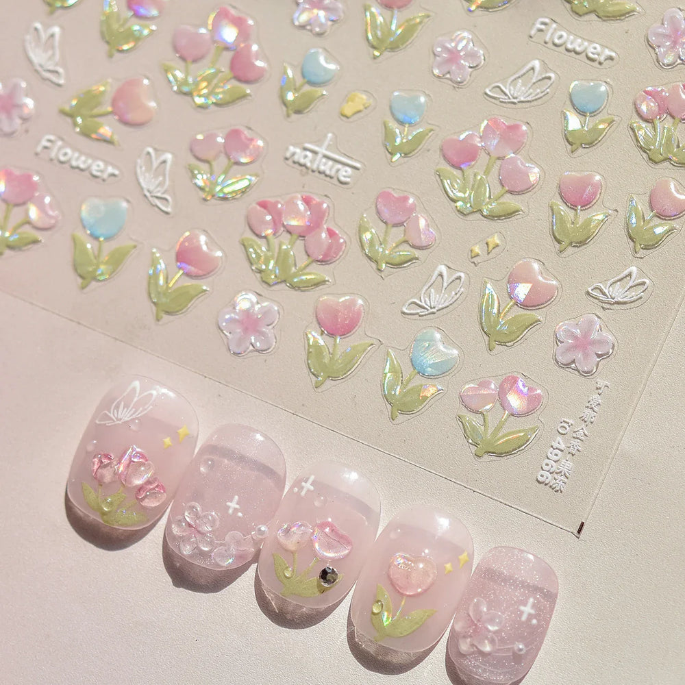 Cute  Pink Blue Nature Tulip Star Heart Butterfly Peach Blossom Jelly Embossed Relief Adhesive Nail Art Stickers Manicure Decals (ONLINE ORDER ONLY)