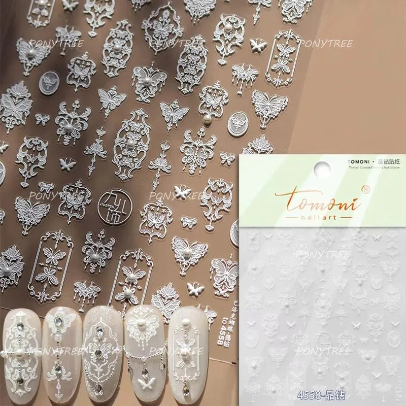 Charming Pink Purple Embroidery Gradual Butterfly Flowers Green Leaf 5D Tender Self Adhesive Nail Art Stickers Manicure Decals (ONLINE ORDER ONLY)