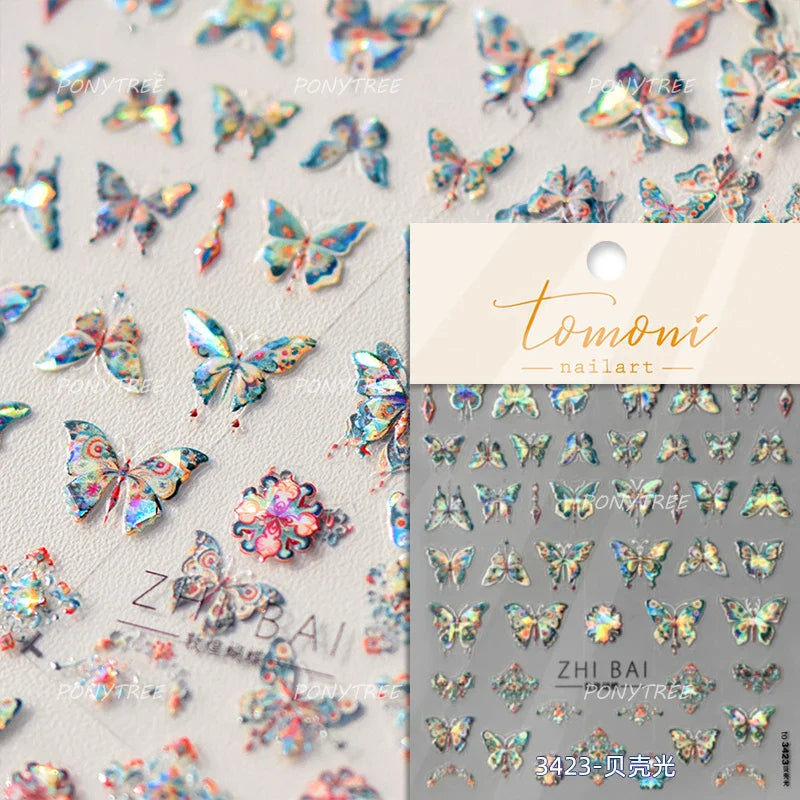 Chic Butterfly Flower Lily Lilium Narcissus Line Beautiful Blue Pearl Self Adhesive Nail Art Stickers Decorations Manicure Decal (Online Order Only)