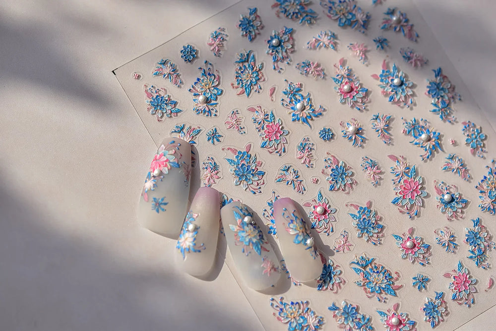 Delicate Shiny Pink Flower Blue Hairpin with Flower Decoration Self Adhesive Nail Art Stickers Pearl Rhinestone Manicure Decals (Online Order Only)
