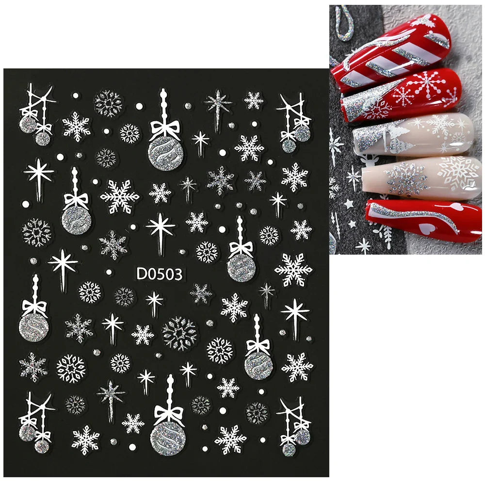 1pc Christmas Nail Sticker 3D Gold Glitter Snowflake Elk Penguin Bells Design Adhesive Nail Slider Decals Winter Manicure Decor* (Online Order Only)