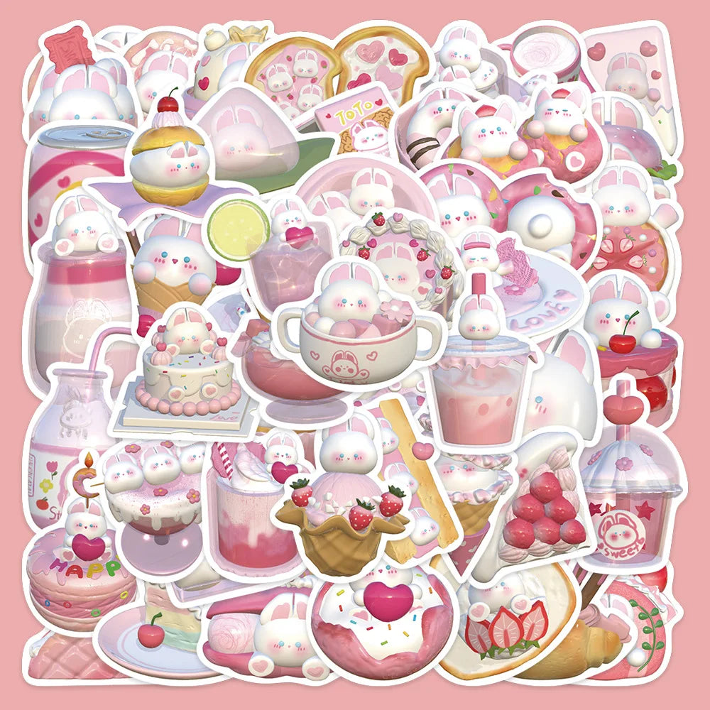 50pcs 3D Cute Pudding Rabbit Stickers for Helmet, Wall, Desktop Decoration (Online Order Only)