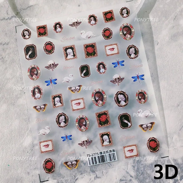 Retro Red Butterfly Snake Rose Flower Evil Eyes Gothic Architecture Cross Dark Self Adhesive Nail Art Stickers Manicure Decals (ONLINE ORDER ONLY)