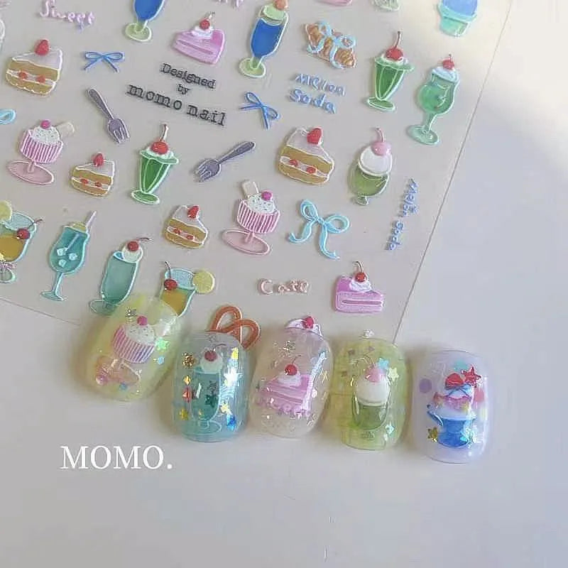 Colorful Food Pudding Alkali Water Bowknot Cream Fork Cup Bread Jelly Fruit Cartoon Cake Relief Nail Art Sticker Manicure Decals (ONLINE ORDER ONLY)